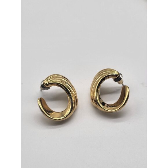 Monet Jewelry - Vintage Gold Tone Monet Pierced Earrings Swirl C Half Hoop Classic